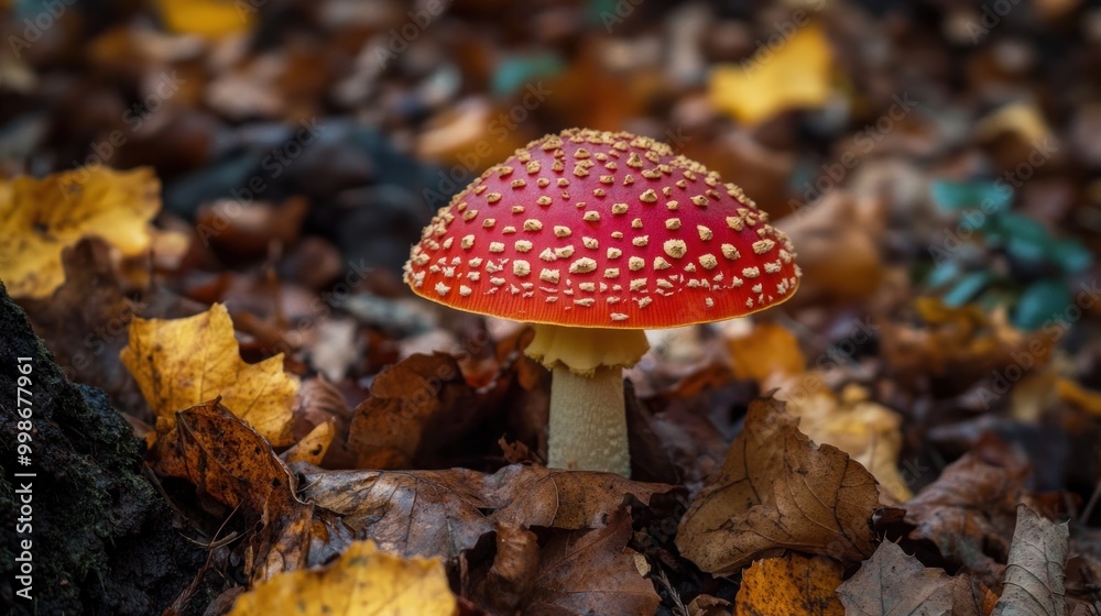 A single red mushroom with white spots growing in a bed of autumn leaves. A single red mushroom with white spots growing in a bed of autumn leaves.