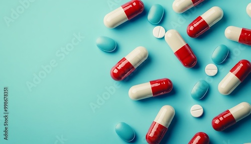 Scattered Pills on a Blue Background