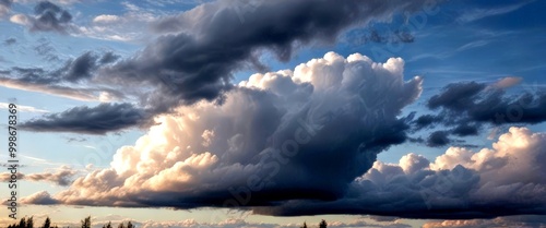 A dramatic sky filled with dark, ominous clouds looms over a landscape dotted with trees, creating a moody and atmospheric scene photo