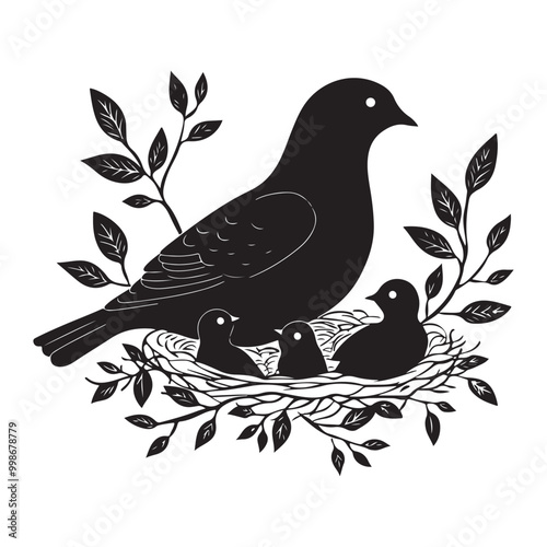 Elegant Bird with Baby Chicks in Nest Silhouette Vector Illustration, Mother bird feeding babies vector line art