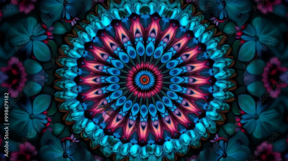 Colorful, intricate mandala design on a dark background, showcasing symmetry and vibrant hues.