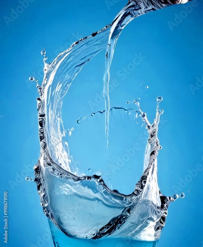 Water splashing against a blue background, with a stream of water flowing upwards photo