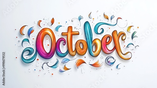 Colorful hand-drawn lettering "October" with swirls and dots on white background.