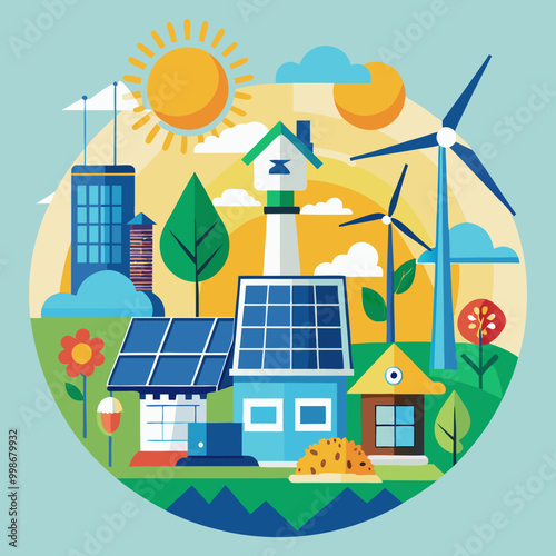 Download Renewable Energy Sources Windmill Solar Panels Vector Illustration Eps File For Design.