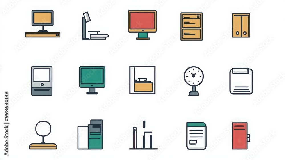 Office thin line icon set. such as office chair, desk, computer, printer, telephone, filing cabinet, notepad, clipboard Office thin line icon set. such as office chair, desk, computer, printer, telephone, filing cabinet, notepad, clipboard