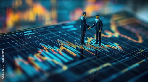 Two miniature businessmen shaking hands in front of a stock chart.