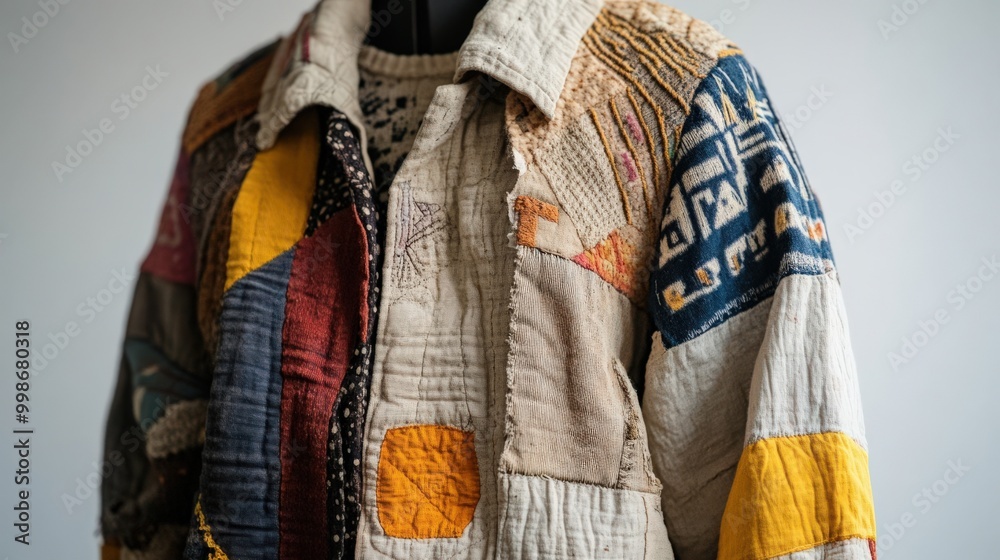 Fototapeta premium Creative upcycled clothing: patchwork jacket for sustainable fashion enthusiasts