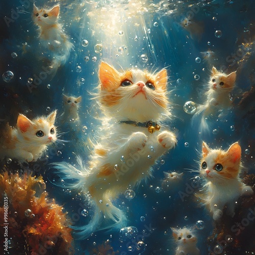 Whimsical Underwater Cats Dreamy Marine Mermaids Amid Coral and Colorful Fish