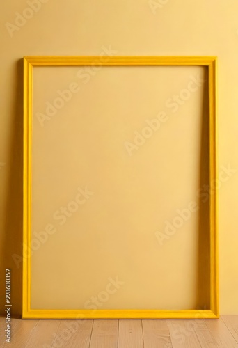 A yellow picture frame stands against a beige wall, its empty frame contrasting with the wall's neutral tones