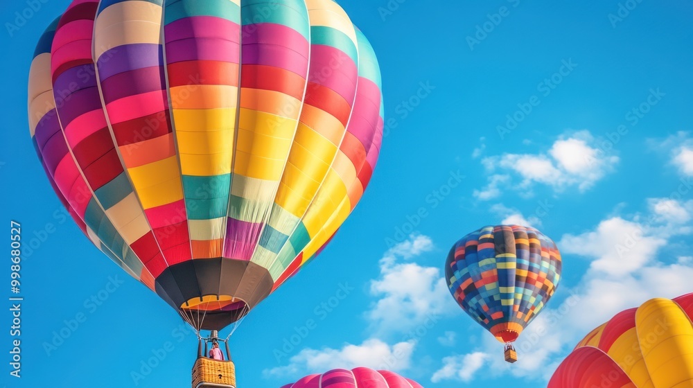 Fototapeta premium Colorful hot air balloons soar high in a bright blue sky with puffy clouds.
