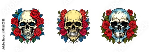 Tattoo Vorlage Totenkopf mit Rosen farblich