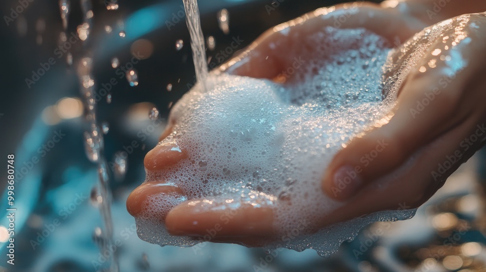 Fototapeta premium Close-Up of Soapy Hands Under Running Water