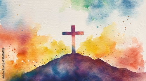 Watercolor painting of a cross on a hill with colorful background.