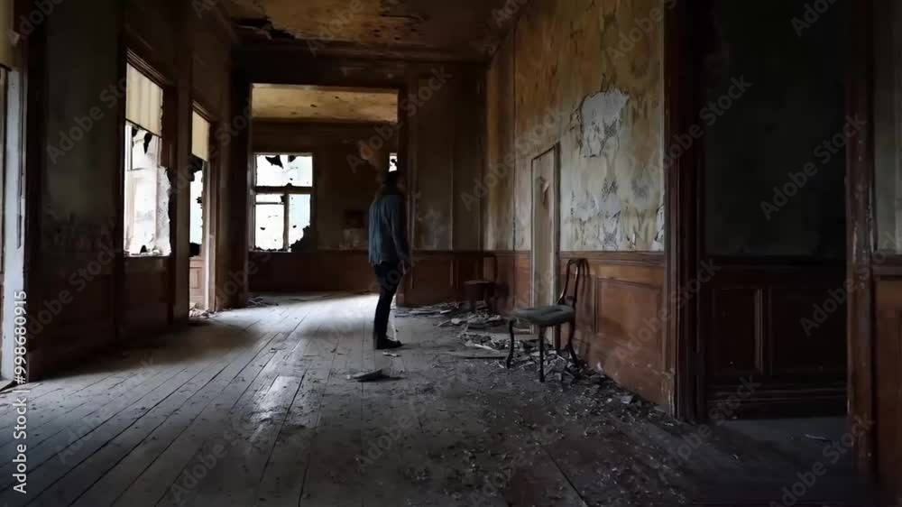 person walking in the old, abandoned house horror scene person walking in the old, abandoned house horror scene