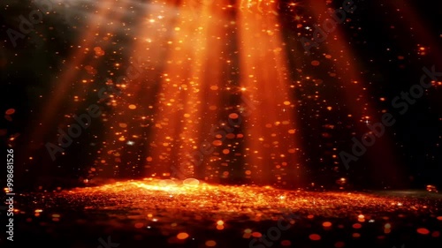 The bright light of the sun from the refracted beam of light above the gap in the cave, creates a celestial reflection particle effect.