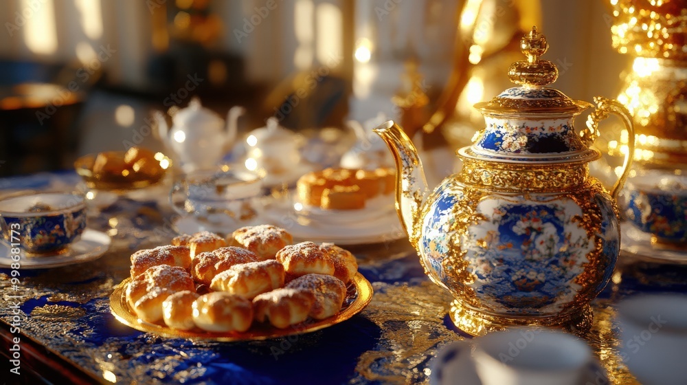 Elegant russian tea ceremony with samovar and pastries for a cultural experience Elegant russian tea ceremony with samovar and pastries for a cultural experience