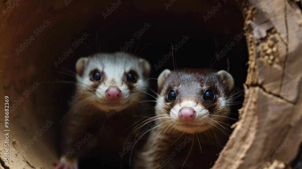Two adorable ferrets peek out of a hollow log, National Ferret Day Two adorable ferrets peek out of a hollow log, National Ferret Day