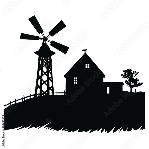 old windmill silhouette vector illustration