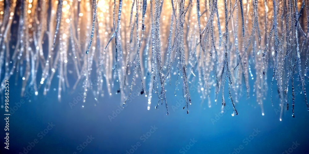 Glowing icicles hang from the ceiling, their thin, delicate forms illuminated by a soft, ethereal light against a deep blue backdrop Glowing icicles hang from the ceiling, their thin, delicate forms illuminated by a soft, ethereal light against a deep blue backdrop