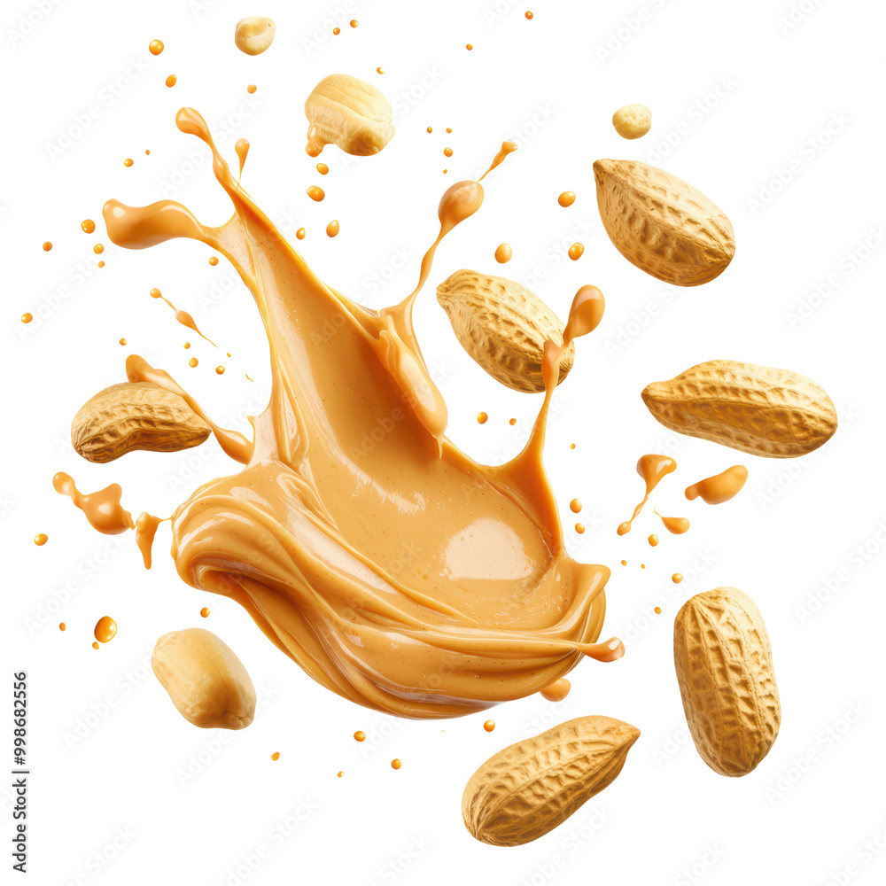 Fototapeta premium Creamy peanut butter splash with scattered peanuts