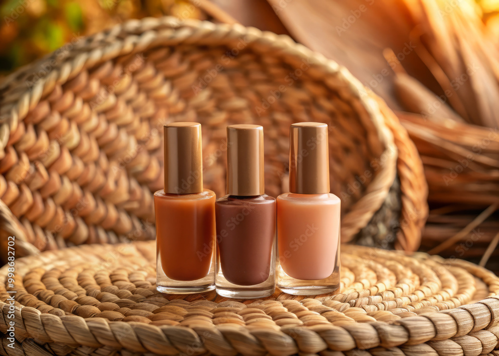 Matte nail polish bottles in sunset inspired hues like terracotta, orange, and beige are beautifully arranged on woven basket. warm tones evoke cozy and inviting atmosphere Matte nail polish bottles in sunset inspired hues like terracotta, orange, and beige are beautifully arranged on woven basket. warm tones evoke cozy and inviting atmosphere