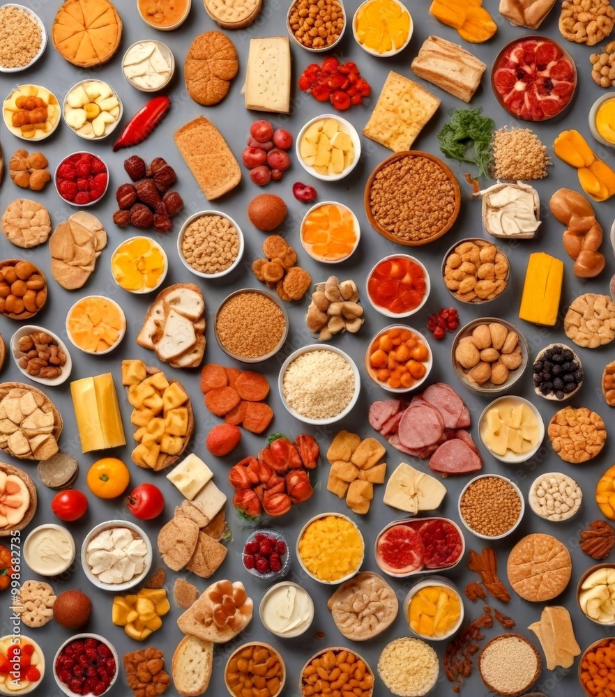A diverse assortment of food items is displayed on a gray background, including fruits, vegetables, grains, meats, cheeses, and spreads A diverse assortment of food items is displayed on a gray background, including fruits, vegetables, grains, meats, cheeses, and spreads