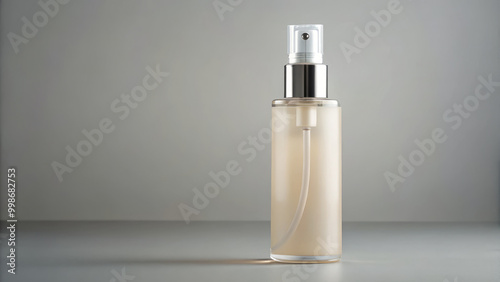 Hydrating face mist spray bottle sits serenely on soft surface, showcasing its elegant design and soothing color. Perfect for refreshing skin throughout day