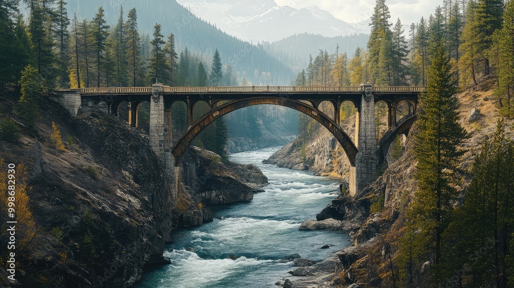 A classic iron arch bridge, crossing a fast-moving river in a mountainous region, with pine trees on both sides A classic iron arch bridge, crossing a fast-moving river in a mountainous region, with pine trees on both sides