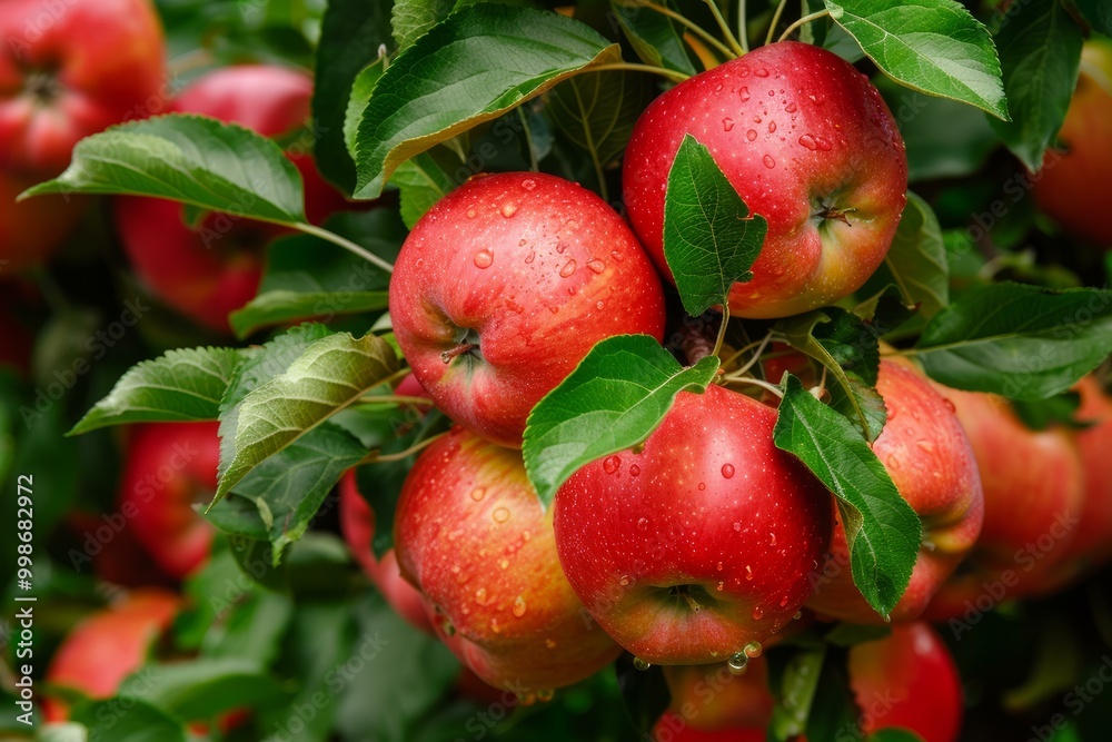 Ripe red apples with water drops growing on branch surrounded by green leaves Ripe red apples with water drops growing on branch surrounded by green leaves