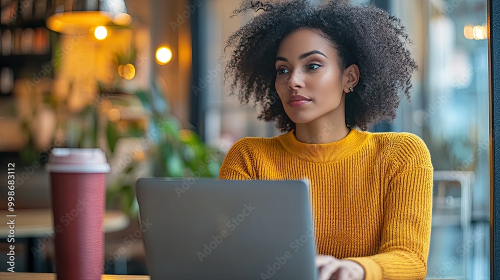 Woman Using Laptop in Cafe with Thoughtful Expression Woman Using Laptop in Cafe with Thoughtful Expression