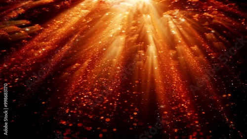The bright light of the sun from the refracted beam of light above the gap in the cave, creates a celestial reflection particle effect.