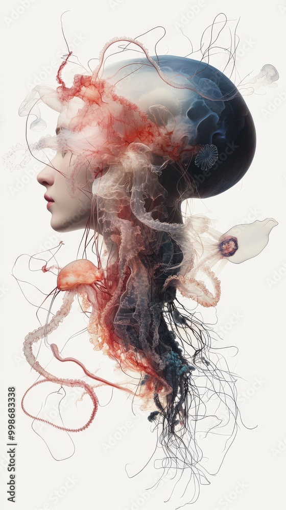 Fototapeta premium Jellyfish-inspired haircut on trendy woman for avant-garde fashion poster