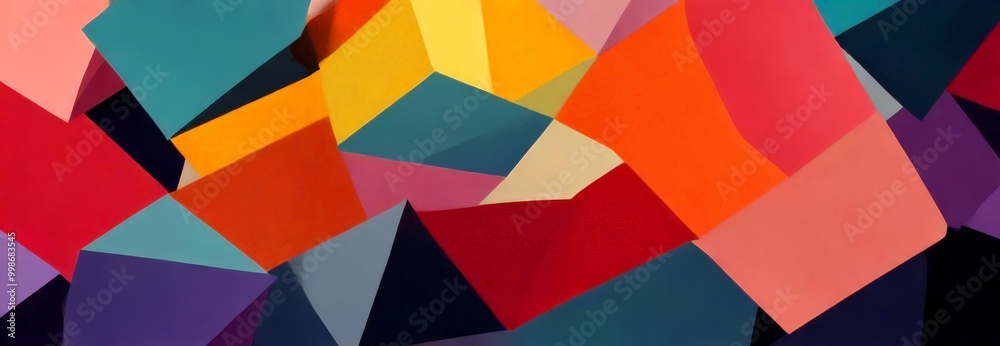 a vibrant abstract composition featuring overlapping geometric shapes in a variety of bold colors, including shades of red, orange, yellow, green, blue, and purple