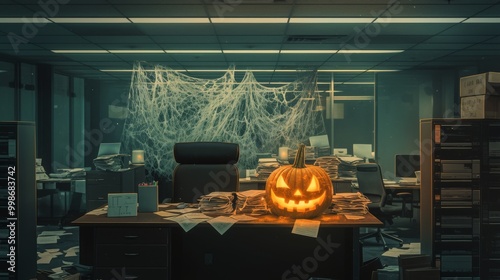 An empty corporate office at night, decorated for Halloween with cobwebs 