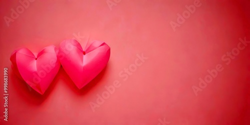 Two pink paper hearts are arranged diagonally on a pink background, creating a sense of movement and connection