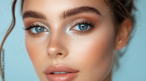 Minimalist light blue prom makeup with neutral backdrop for spring print or card