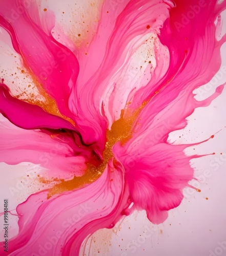 an abstract painting with pink and gold colors, resembling a flower or a swirling pattern The has used a technique called 