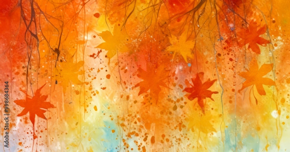 a vibrant watercolor painting of autumn leaves in various shades of orange, yellow, and red, with some leaves appearing to be falling or dripping a vibrant watercolor painting of autumn leaves in various shades of orange, yellow, and red, with some leaves appearing to be falling or dripping