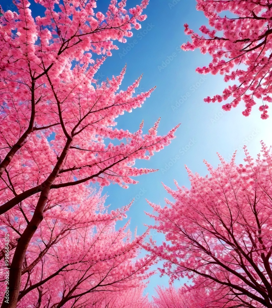 A vibrant scene of cherry blossoms in full bloom, with their delicate pink petals contrasting beautifully against the clear blue sky A vibrant scene of cherry blossoms in full bloom, with their delicate pink petals contrasting beautifully against the clear blue sky