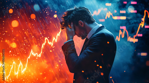 A distressed businessman stands painfully gripping his head against a chaotic backdrop of lightning and plummeting market graphs, symbolizing a financial crisis