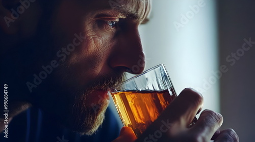 Contemplative Man Sipping Drink Captivating Moment Whiskey Reflection photo