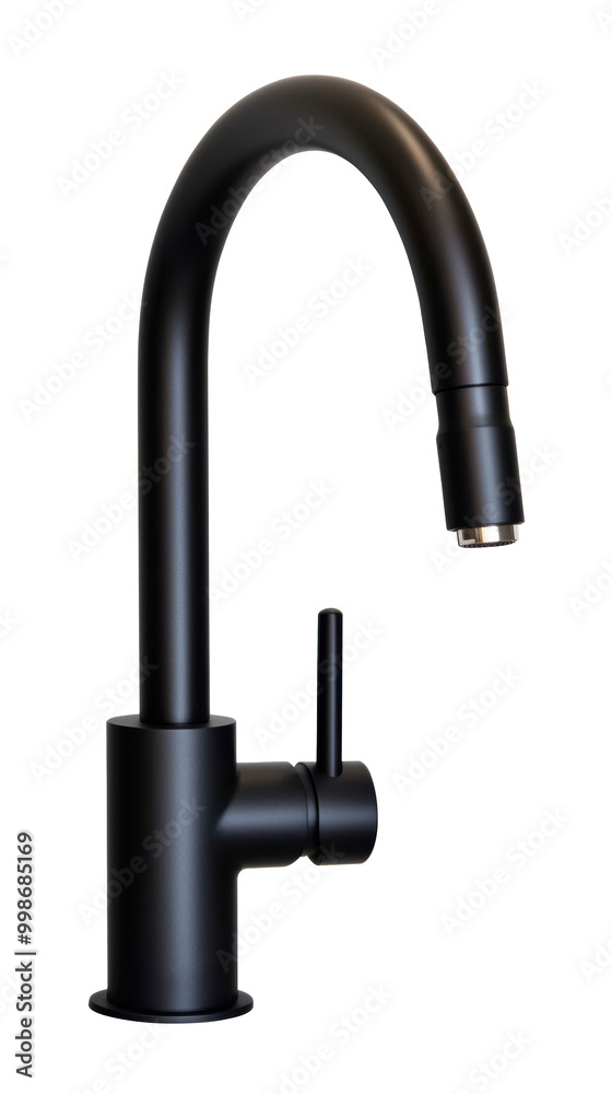 Matte black modern kitchen faucet with a sleek curved design. This stylish faucet adds contemporary touch to kitchen interiors with its minimalist structure. Isolated on transparent background, png. Matte black modern kitchen faucet with a sleek curved design. This stylish faucet adds contemporary touch to kitchen interiors with its minimalist structure. Isolated on transparent background, png.