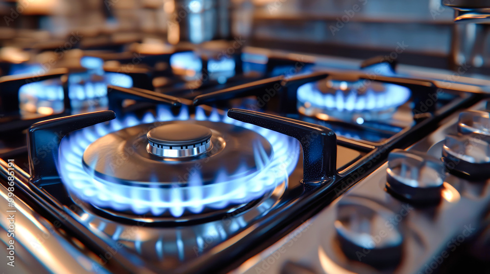 A close-up view reveals blue flames effortlessly flickering from a gas stove, embodying both functionality and artistic beauty in a contemporary kitchen A close-up view reveals blue flames effortlessly flickering from a gas stove, embodying both functionality and artistic beauty in a contemporary kitchen