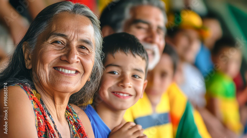 Three generations of a South American family come together at a vibrant soccer match, sharing laughs and cheering for their beloved team amid a festive atmosphere