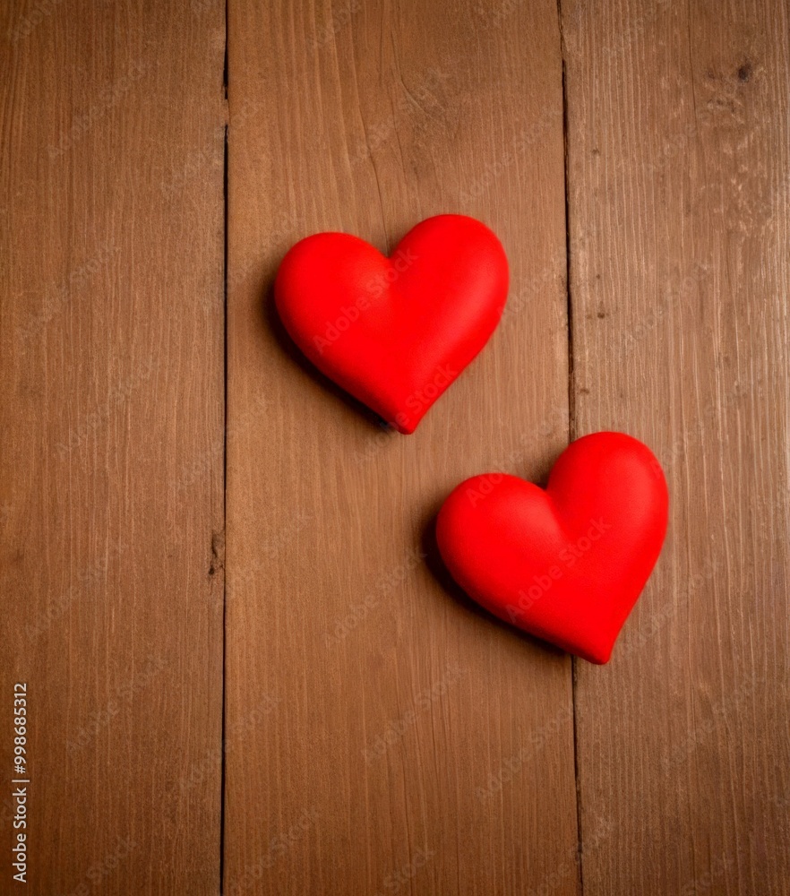 Two red heart-shaped objects are placed diagonally on a wooden surface, creating a sense of movement and energy Two red heart-shaped objects are placed diagonally on a wooden surface, creating a sense of movement and energy