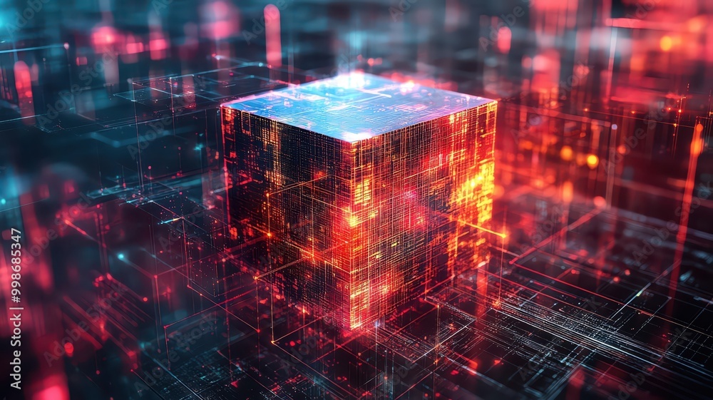 Obraz premium 3D abstract cube rotating with data streams, multi-dimensional analysis