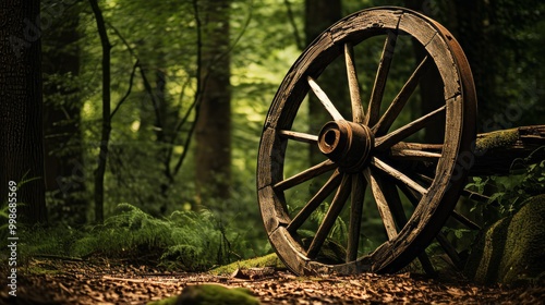 An old wooden wagon wheel leaning up in outdoor area. Neural network ai generated art