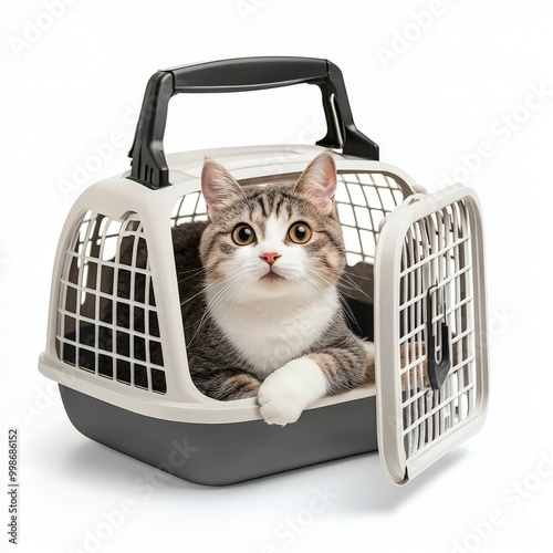 cute cat in a travel pet carrier with opened door on white background