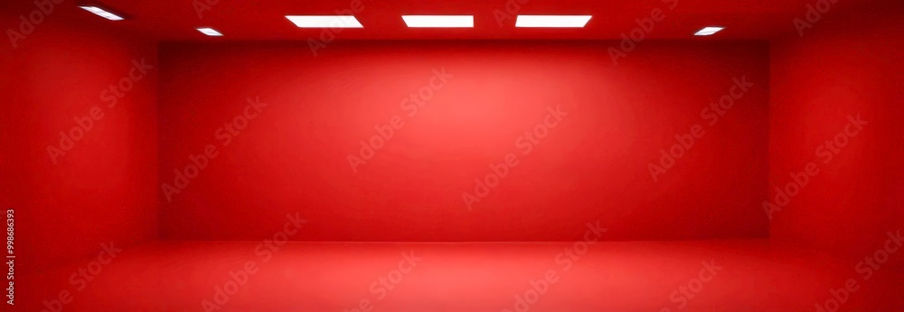 An empty room with a red wall and a white ceiling, featuring three rectangular lights evenly spaced along the ceiling An empty room with a red wall and a white ceiling, featuring three rectangular lights evenly spaced along the ceiling