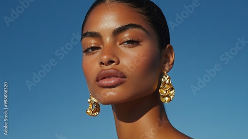 Sculptural jewelry fashion model showcasing modern gold earrings for editorial visuals